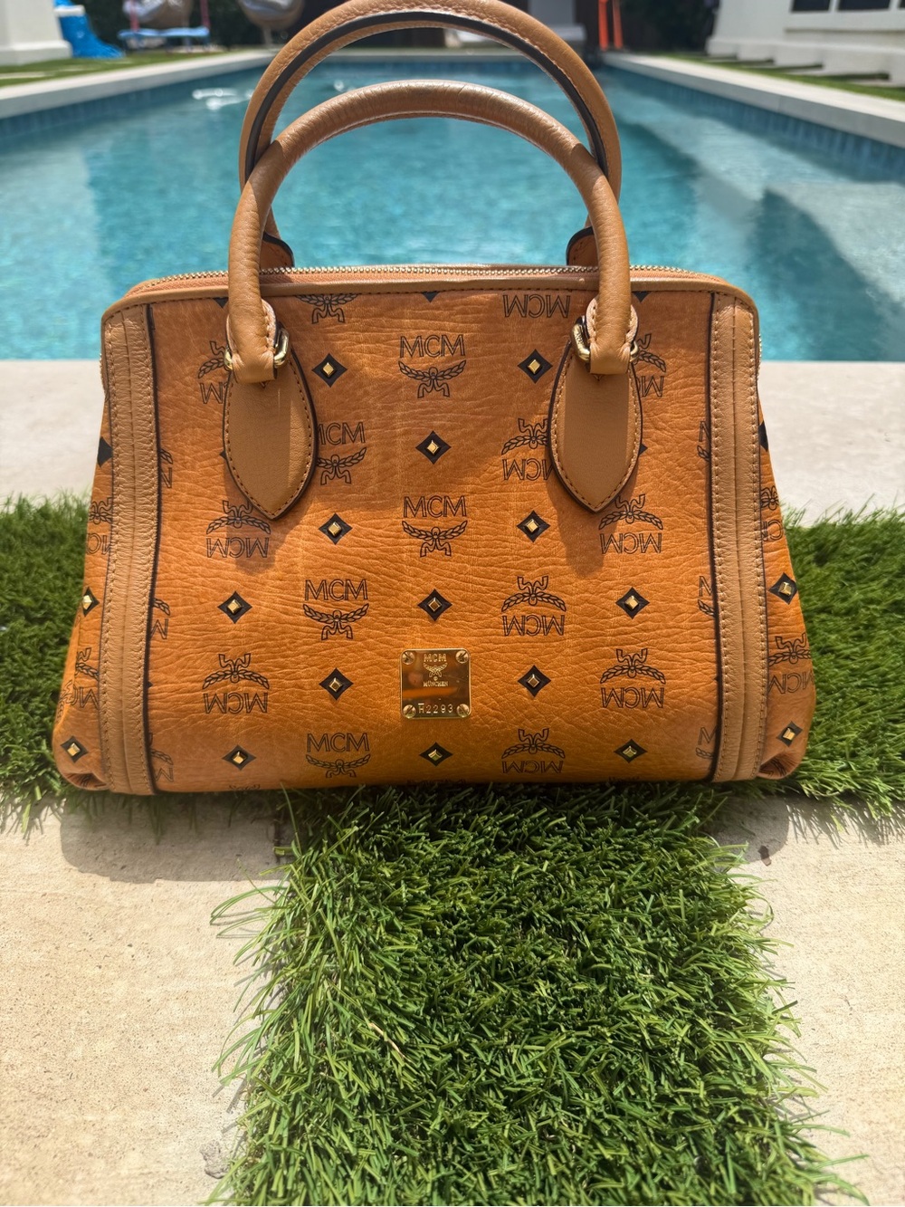 MCM Logo Mini Boston 2Way Shoulder Bag Studs Cognac Brown Auth